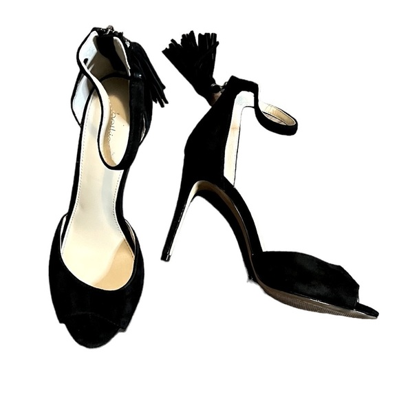 Women’s Botkier Peep Toe Heels Size 8 Black Suede Zip Back Tassels - Picture 1 of 5
